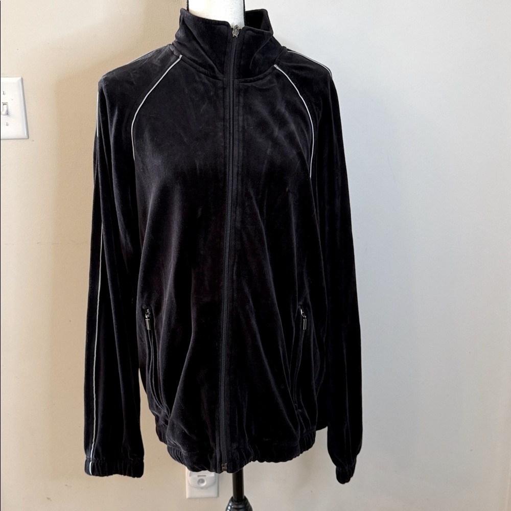 Ashford Sport Black Velvet turtleneck zip up Jacket soft plush warm Size LG